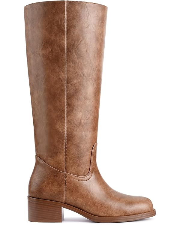 Women's Banana Knee High Boots Square Toe Chunky Block Heel Comfortable Low Heel Pull on Wide Cal... | Amazon (US)