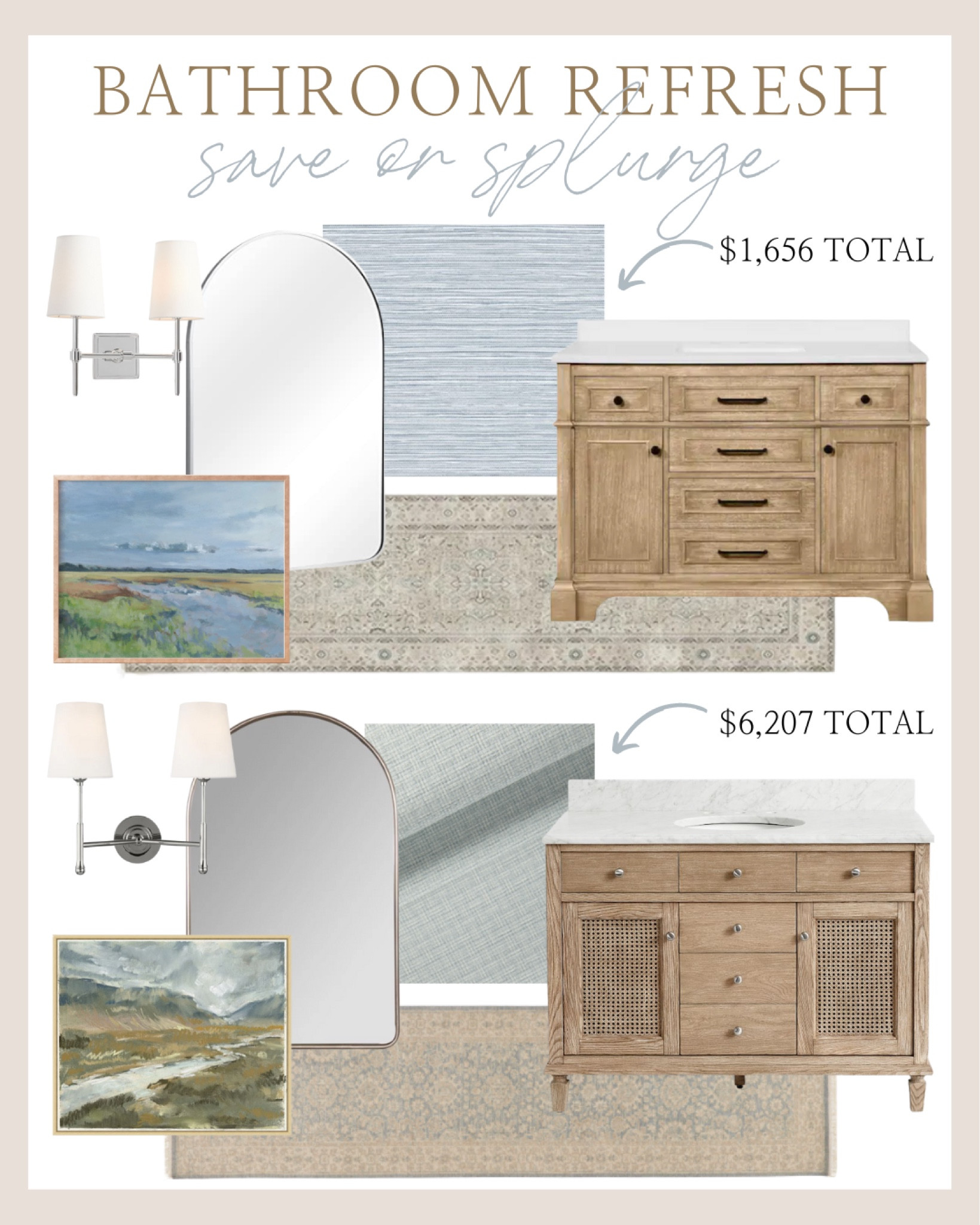 A save or splurge option for your next bathroom renovation! 

Grass cloth wallpaper coastal art blue tan white bathroom Sausalito vanity wall sconce Serena and lily ruggable 

#LTKhome #LTKsalealert #LTKstyletip