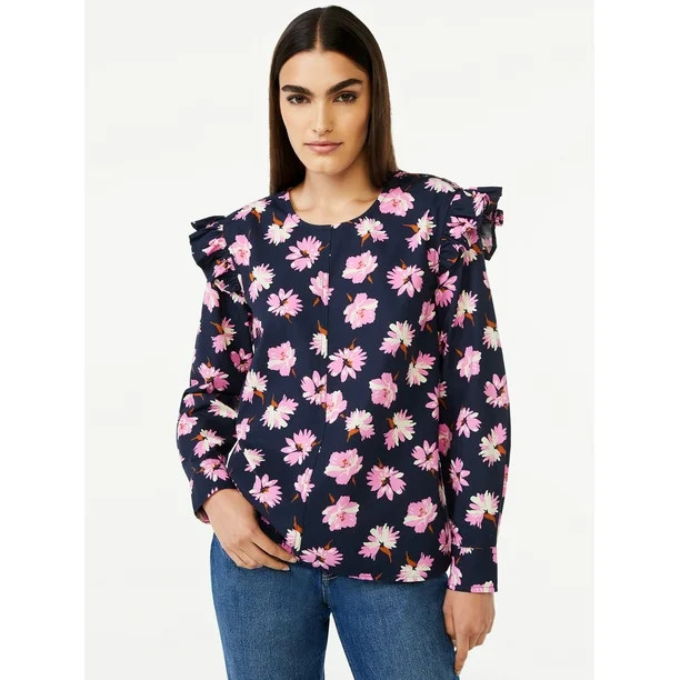 Free Assembly Women's Long Sleeve Button Shoulder Blouse - Walmart.com | Walmart (US)