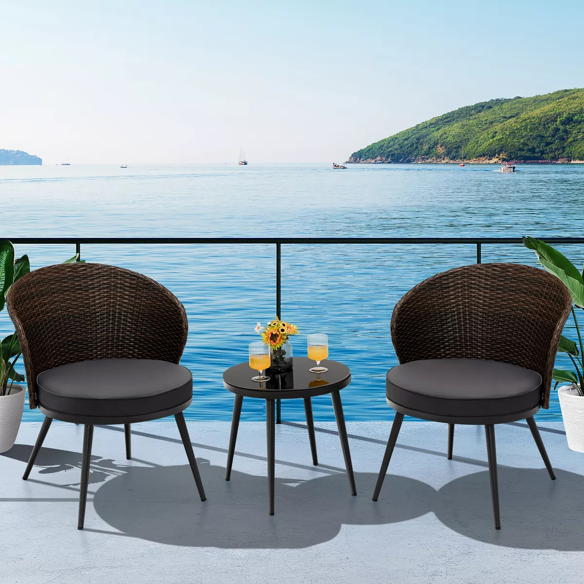 Costway 3PCS Patio Rattan Bistro Furniture Set Cushioned Chair Table Garden | Target