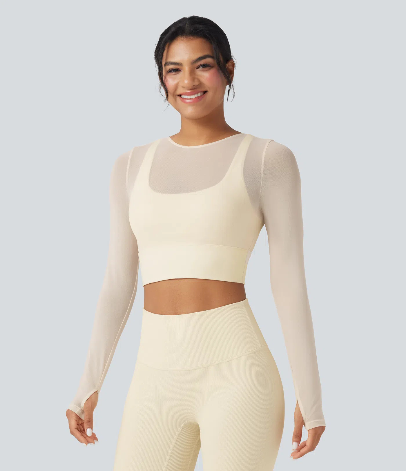 Women’s Contrast Mesh Long Sleeve Thumb Hole 2-in-1 Cropped Yoga Sports Top - Halara | HALARA