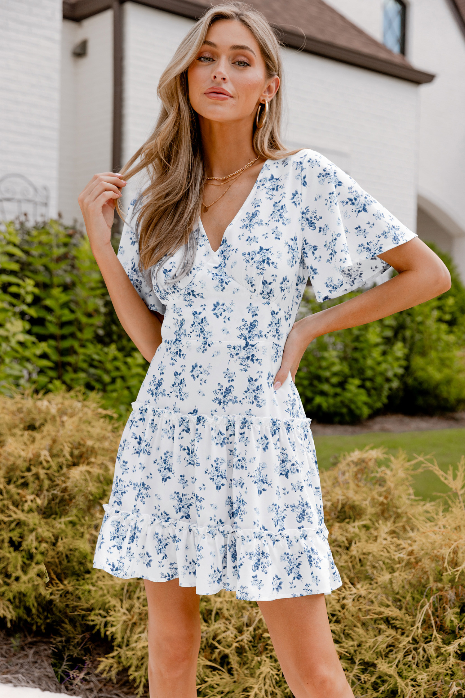 Floral Print Ruffled V-Neck Mini Dress | Cupshe US