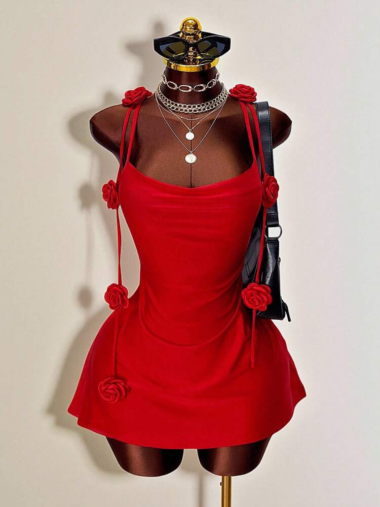 Mistrie New Valentine's Day Style, All Seasons, 3D Rose Embellished Halter Top, Sexy Slim-Fitting Waist Short Bodycon Dress, Backless Drawstring Design, Perfect For Dates, Parties, Street Style, Unique Design, Slimming And Flattering, Sweet And Cool Girl Style, Great For Best Friends Outings, Birthday Parties, Vacations, Travel, Influencer Style Red Tight-Fitting Dress. | SHEIN