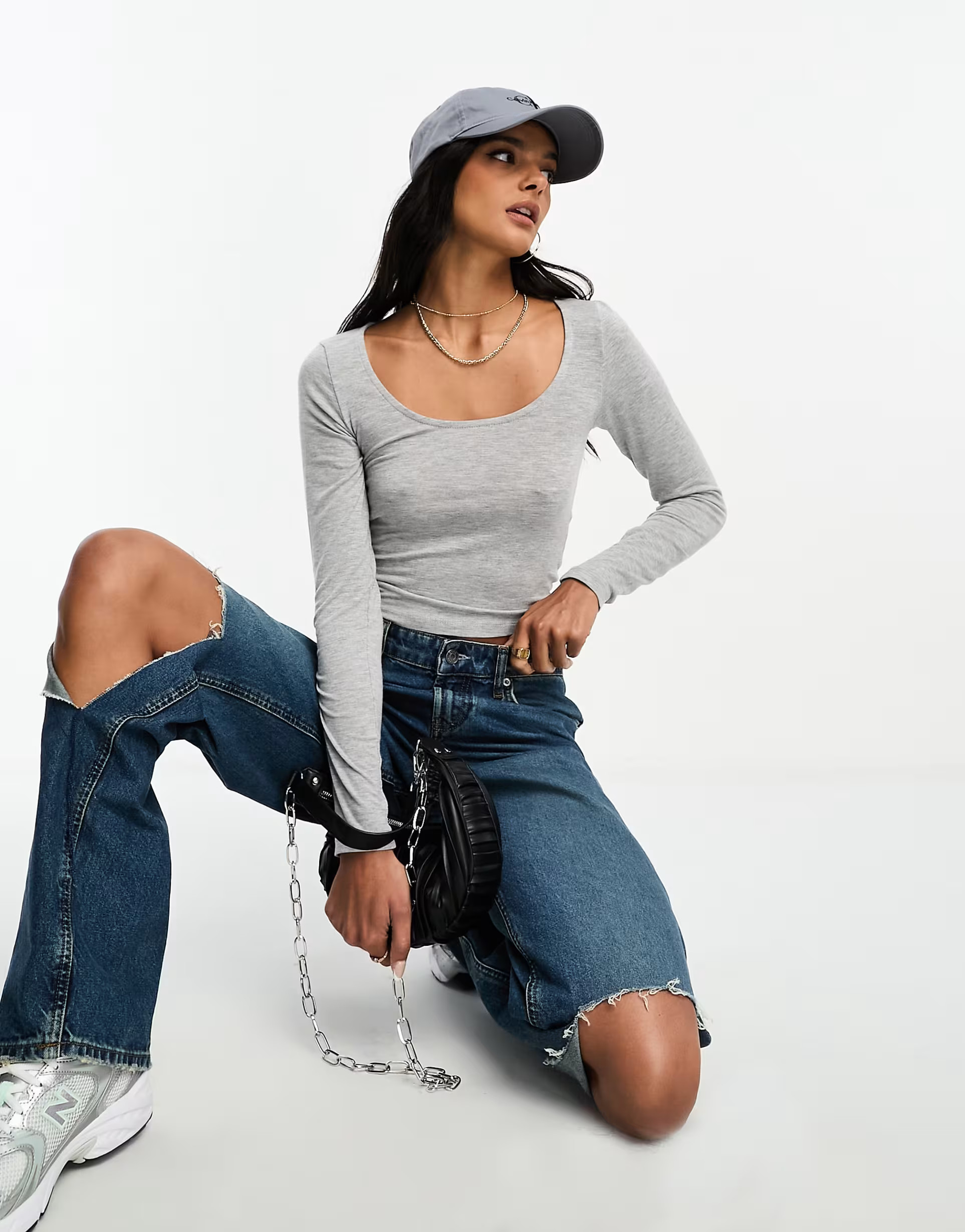 Stradivarius - Top sculpté à col large - Gris chiné | ASOS (Global)