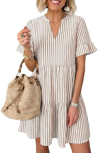 Caracilia Dresses for Women Summer 2026 Striped V Neck Ruffle Sleeve A Line Tiered Flowy Casual M... | Amazon (US)