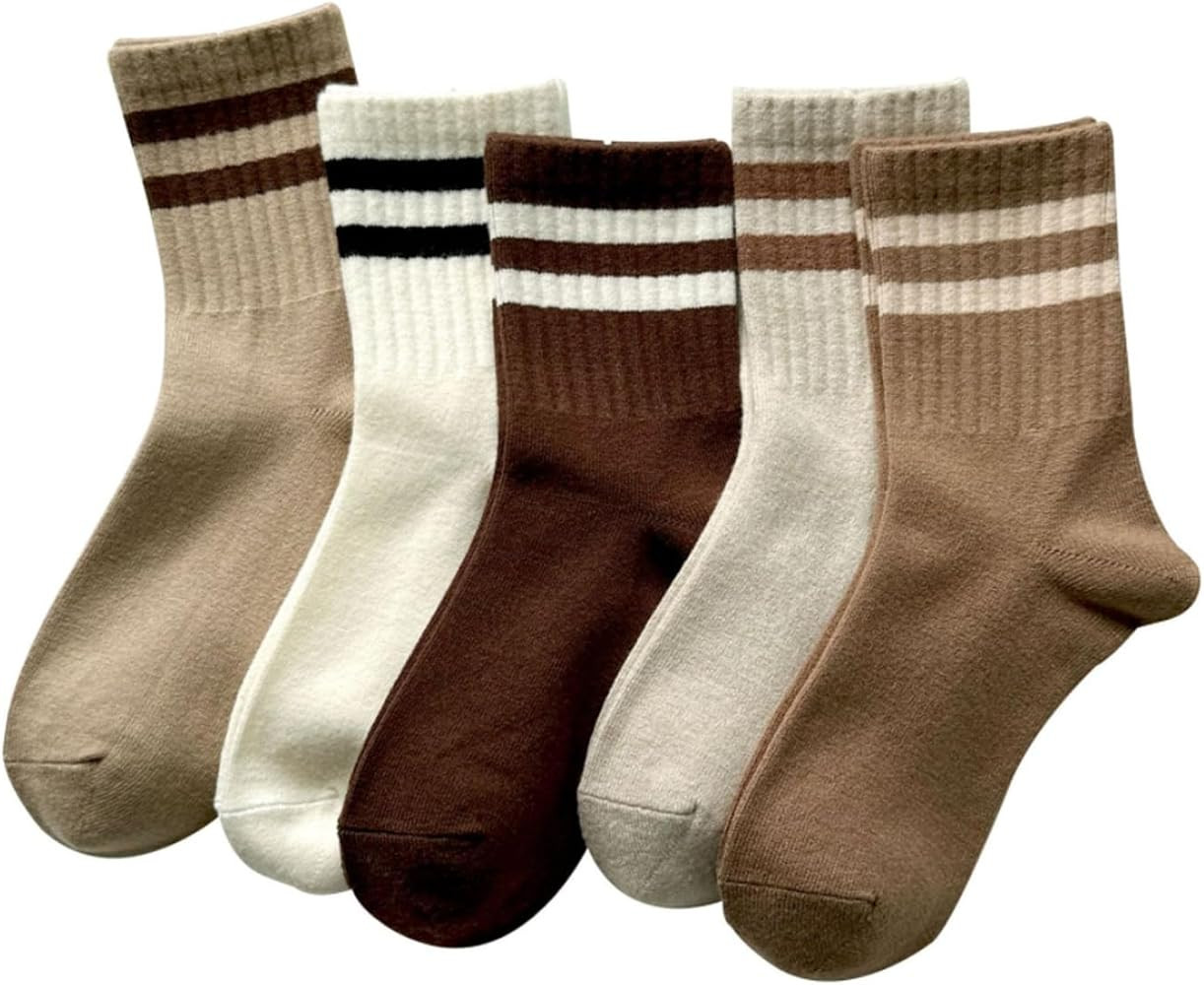 Deeorla Womens Striped Crew Socks Brown Vintage Retro Athletic Socks 5 Pairs | Amazon (US)