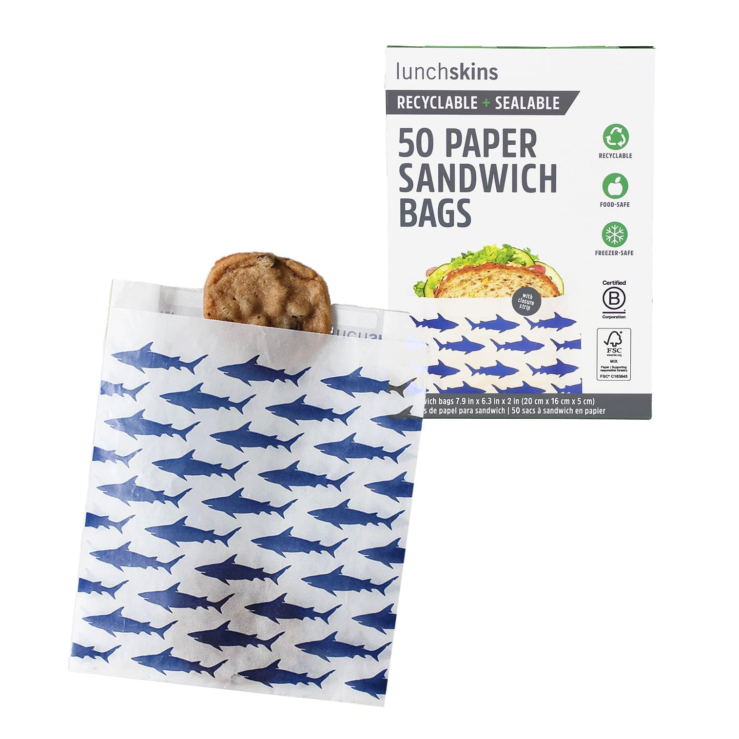 Lunchskins Recyclable & Sealable Food Storage Sandwich Bags, Shark Design, 50 Bags - Eco-Friendly... | Amazon (US)