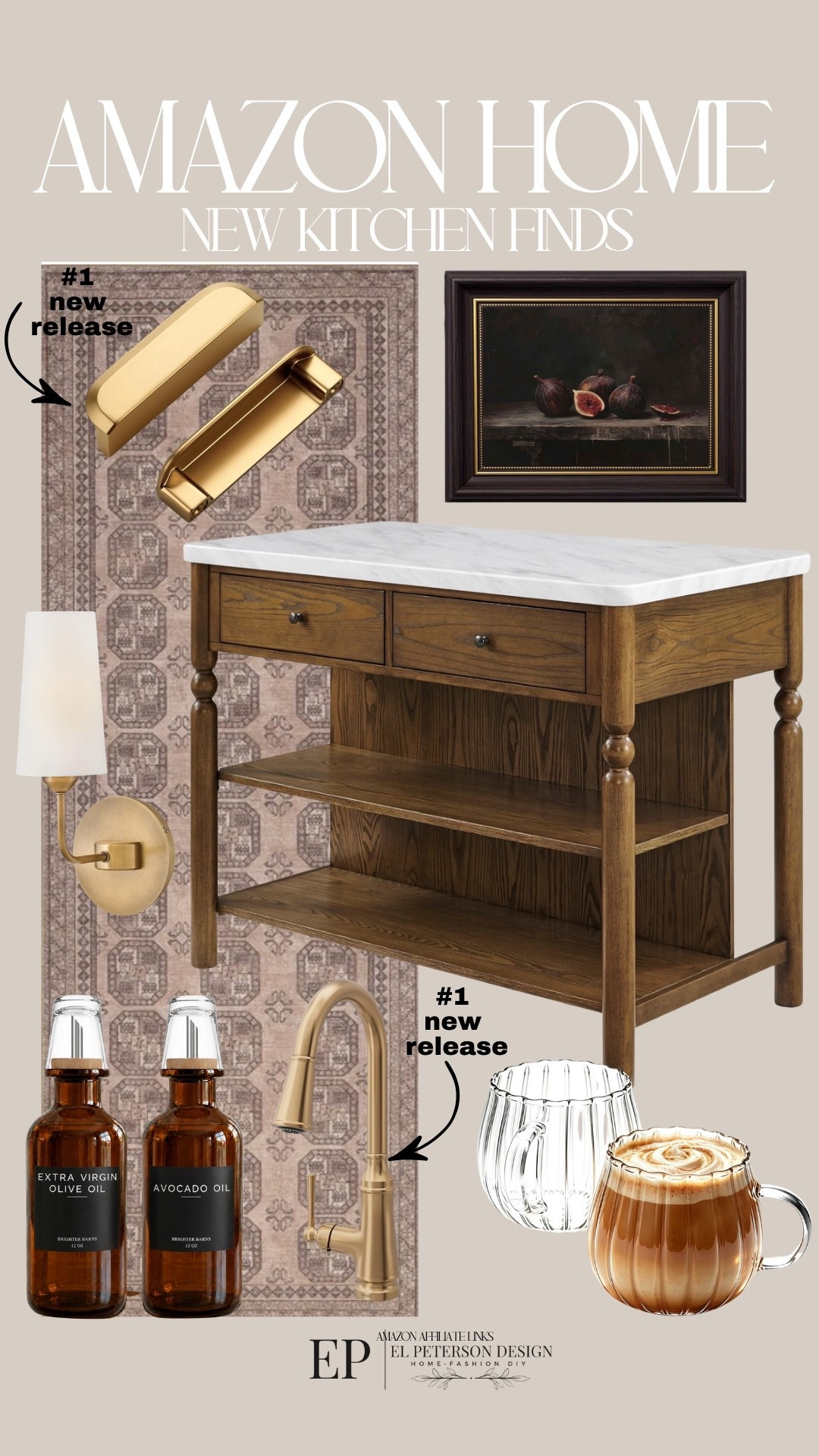 Amazon 
New kitchen finds
Island
Artwork
Oil and vinegar dispenser 
Mugs
Cabinet pulls
Wall sconce 
Runner

#LTKHome
