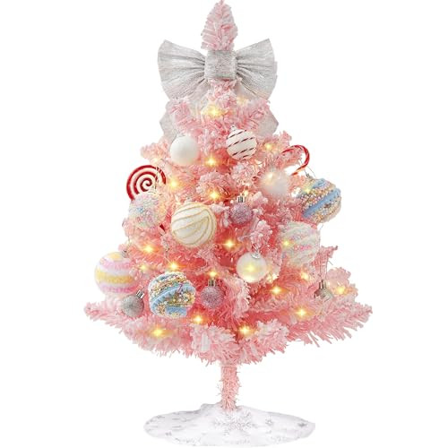 HOMDAILY Mini Pink Christmas Tree, 2ft Artificial Small Tabletop Christmas Tree, Table Top Christmas Tree with Bow, Ball Ornaments and White Tree Skirt DIY Christmas Decorations | Amazon (US)