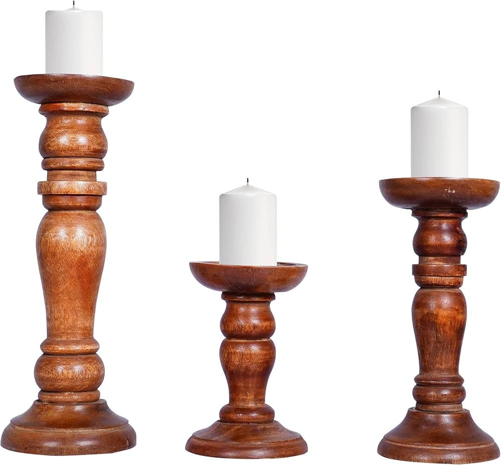 Mela Artisans Medium Polish Hand Carved Wooden Pillar Candle Holders - Set of 3 | Aisha Decorativ... | Amazon (US)