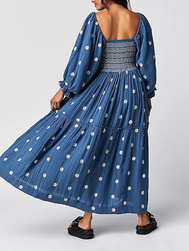 Chloefairy Women's Flower Embroidered Maxi Dress Lantern Sleeve Square Neck Tiered Flowy Spring F... | Amazon (US)