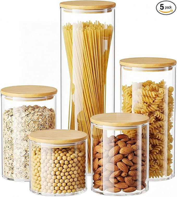 OneDream Glass Container - 5 Pack MultiSize Glass Jars with Bamboo Lid, Bamboo Lid Storage Jar Ca... | Amazon (US)