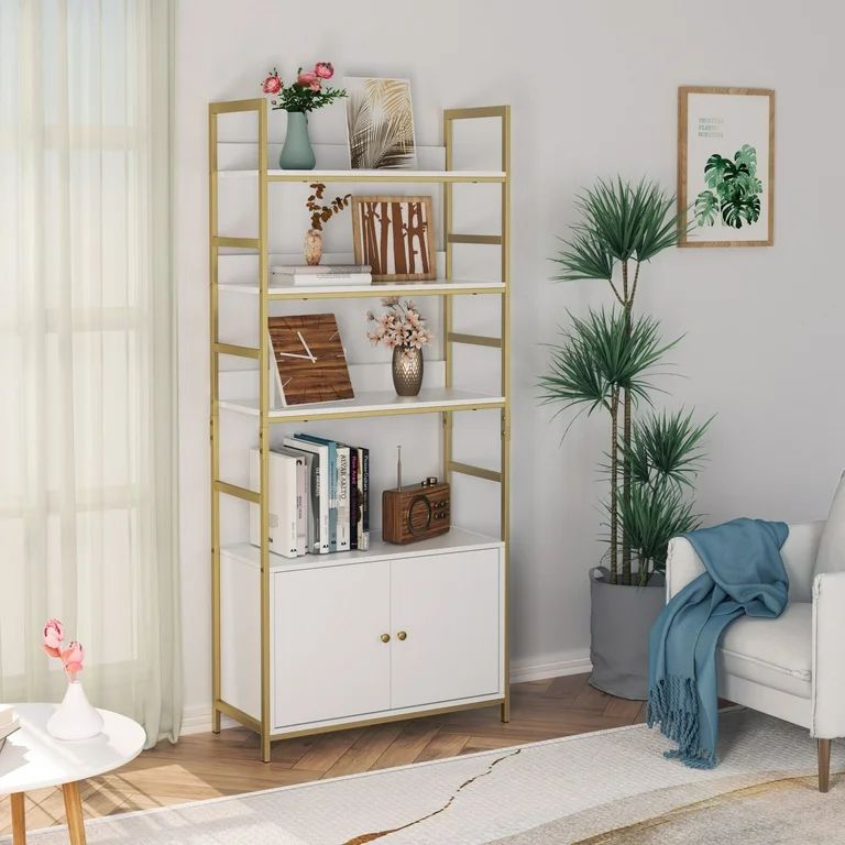 Homfa Gold Bookshelf, 4-Tier White Standard Bookcase with Storage Cabinet, Modern Iron Book Shelv... | Walmart (US)