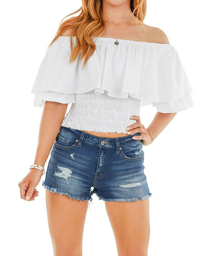 Hibluco Womens Off Shoulder Tops Ruffled Crop Top Smocked Waist Blouse Summer Tops | Amazon (US)