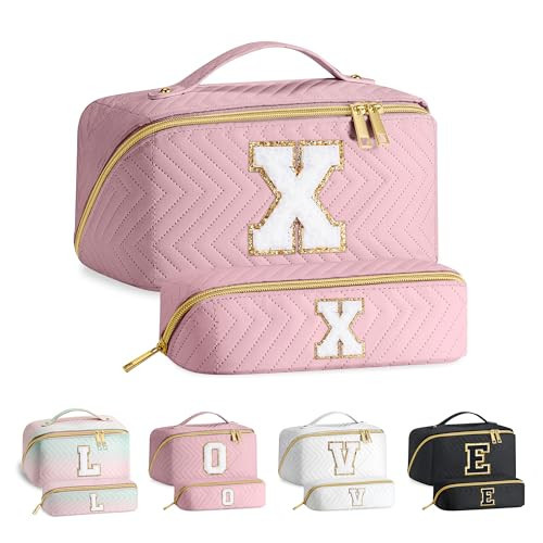 YOOLIFE Cosmetic Bag - Monogram Initial Makeup Bag Cosmetic Bag, Travel Large Cute Makeup Cosmetic Bag Toiletry Pouch for Women, Make Up Bag, Makeup Case, Personalized Pink Makeup Bags for Women X | Amazon (US)