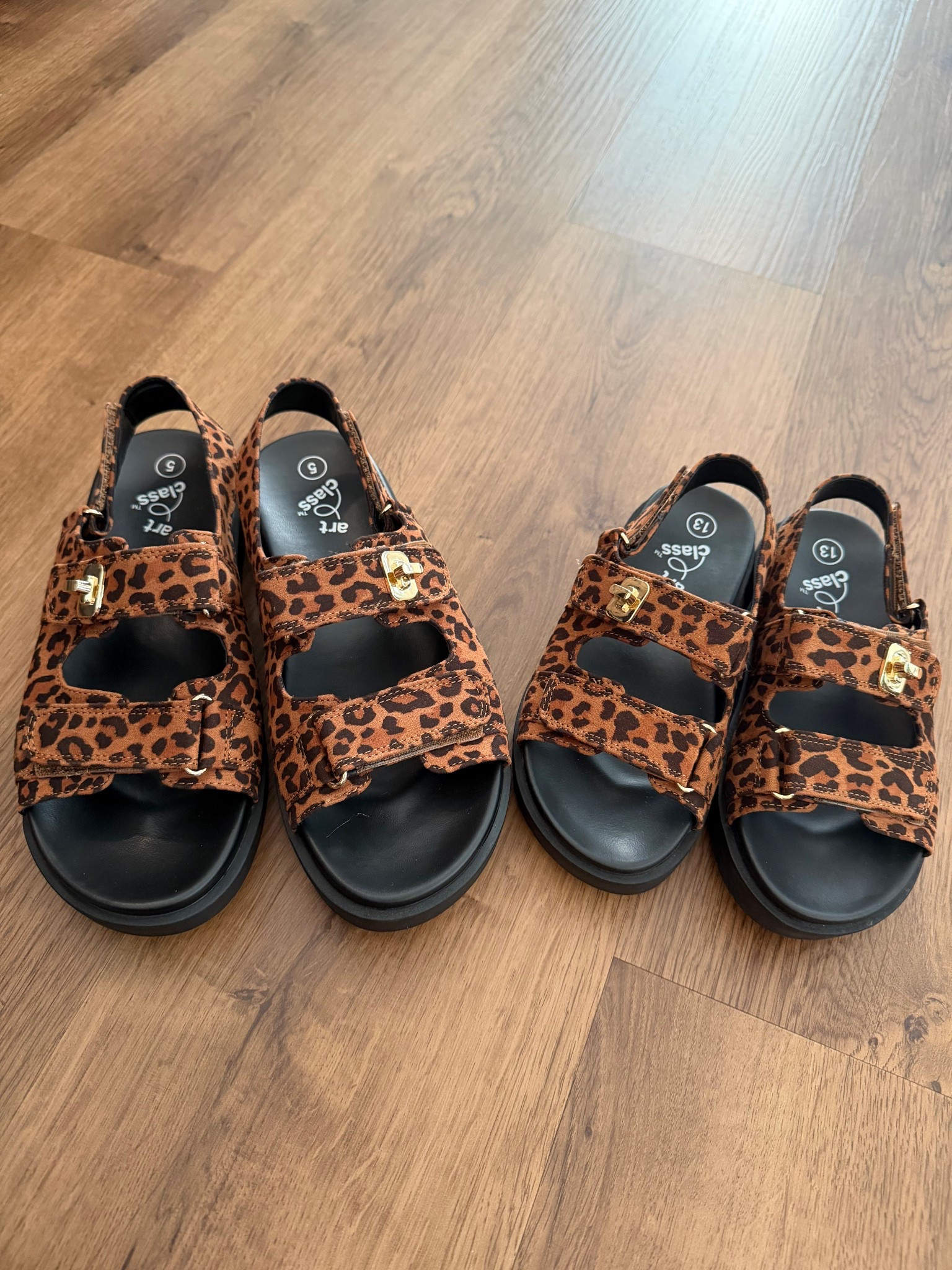 I’m a size 7.5 women’s shoe, and I fit in size 5, ideally maybe a size 6 instead. Love these mommy and me leopard sandals! 
