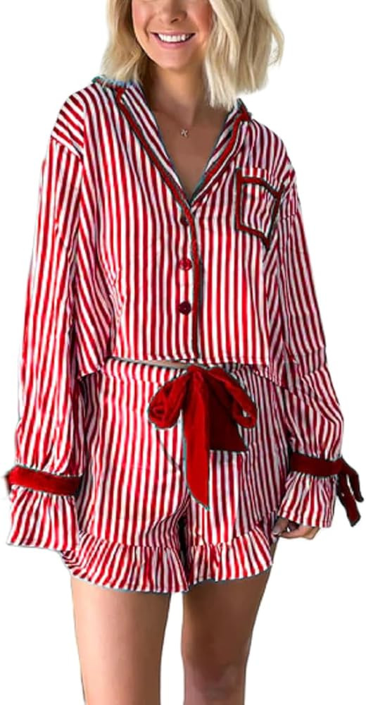 Women Christmas 2 Piece Pajamas Set Y2k Bow Tie Long Sleeve Shirt Wide Leg Pants Cute Print Match... | Amazon (US)