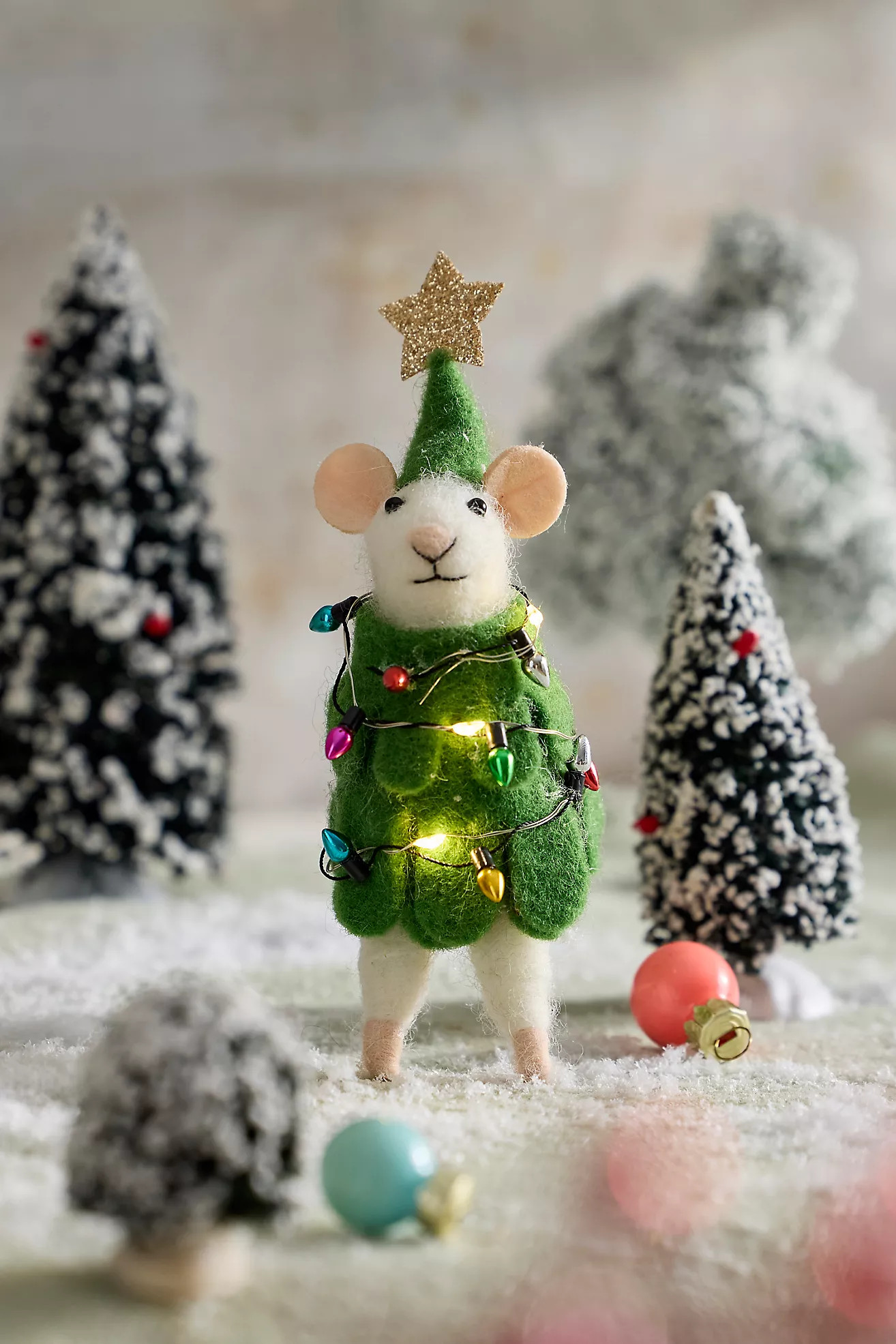 Terrain Illuminated LED Christmas Tree Mouse Felt Critter | Anthropologie (US)