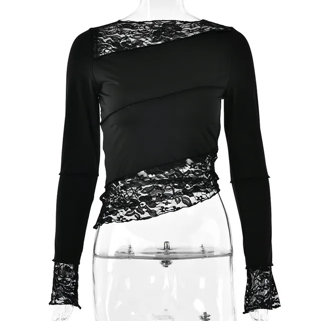 Vanduous - Long-Sleeve Boat Neck Lace Panel Asymmetrical Slim Fit Tee | YesStyle Global