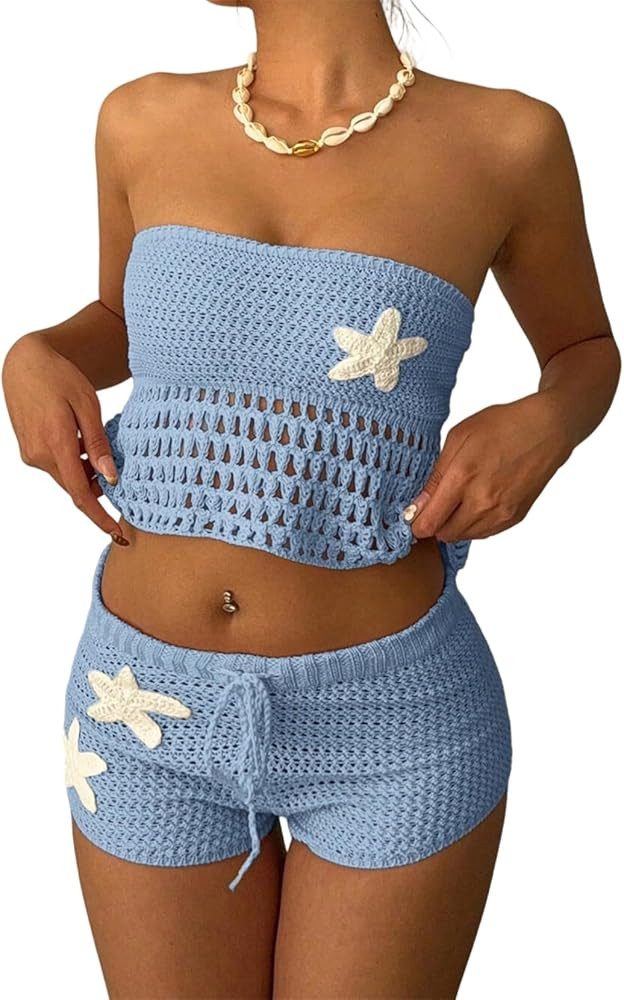 Women Summer 2 Piece Crochet Outfits Strapless Hollow Out Tube Top Low Rise Mini Shorts Y2k Cute ... | Amazon (US)