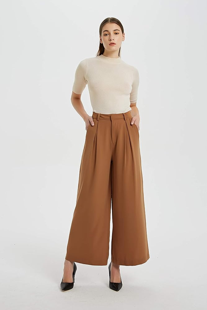 Tronjori Women High Waist Casual Wide Leg Long Palazzo Pants Trousers Regular Size(S,Brown Short)... | Amazon (US)