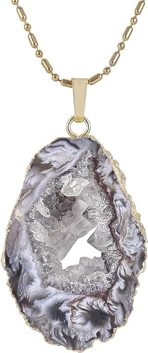TUMBEELLUWA Natural Agate Pendant Necklace Druzy Irregular Slice Healing Crystal Quartz Handmade ... | Amazon (US)