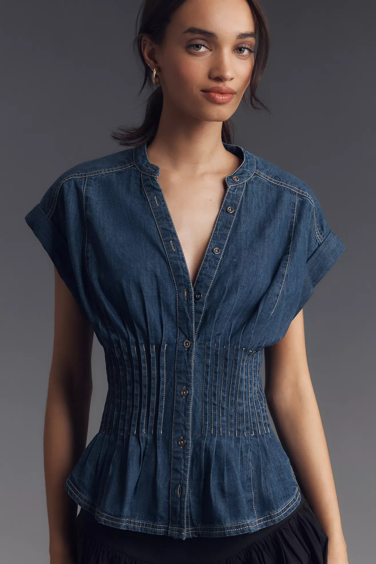Pilcro Short-Sleeve Pleated Corset Blouse | Anthropologie (US)
