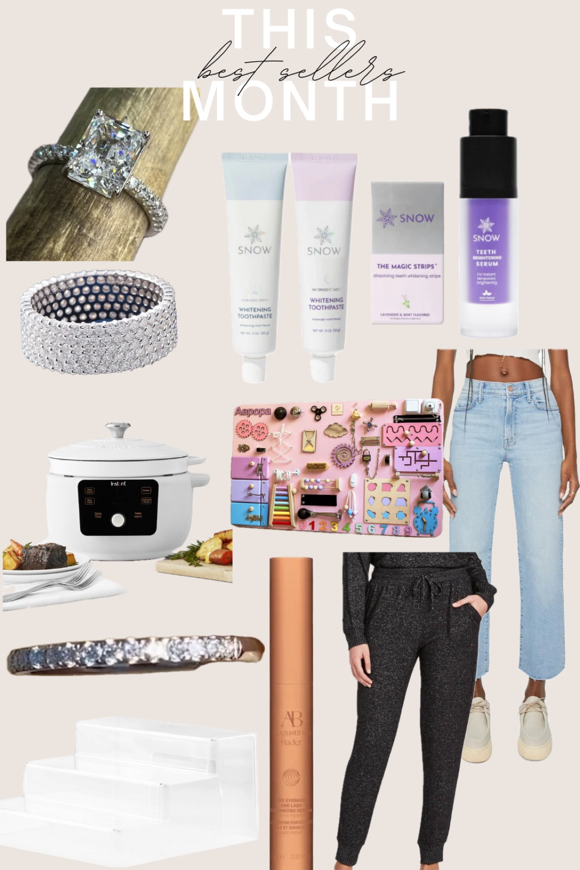 This month’s best sellers! Moissanite and lab created engagement rings / eternity bands. Teeth whitening, insta slow cooker,  busy board toy for toddler, best butt jeans, lounge pants, eyelash serum, spice organization

#LTKfindsunder50 #LTKhome #LTKsalealert