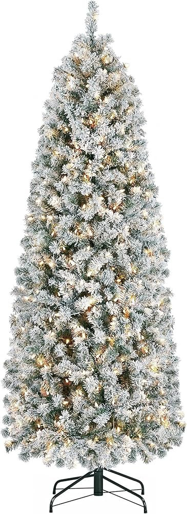 Yaheetech 6ft Pre-lit Snow Flocked Pencil Christmas Tree Fir Hinged Slim Corner Xmas Tree Holiday... | Amazon (US)
