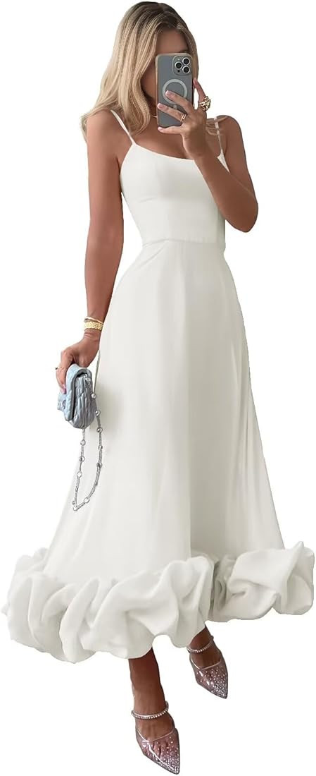 Midi Satin Prom Dresses for Women 2025 Tea Length Flounce Ruffle Formal Evening Party Gowns | Amazon (US)