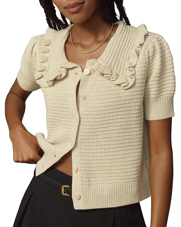 Watashi Women Short Sleeve Sweater Tops Button Down Knitted Crop T Shirts Blouses Ruffle Collar C... | Amazon (US)