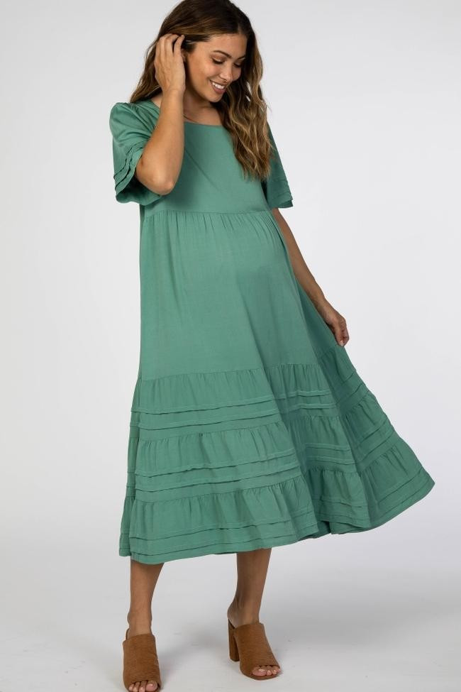 Green Tiered Pintuck Maternity Midi Dress | PinkBlush Maternity