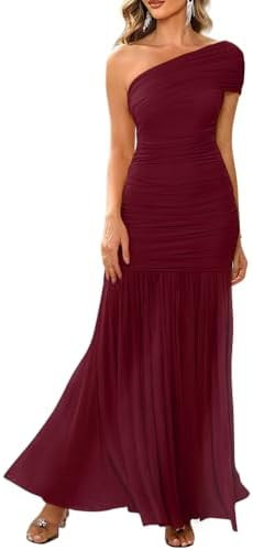 LAGSHIAN Women's Elegant Formal Long Dress One Shoulder Sleeveless Ruched Bodycon Evening Dress | Amazon (US)