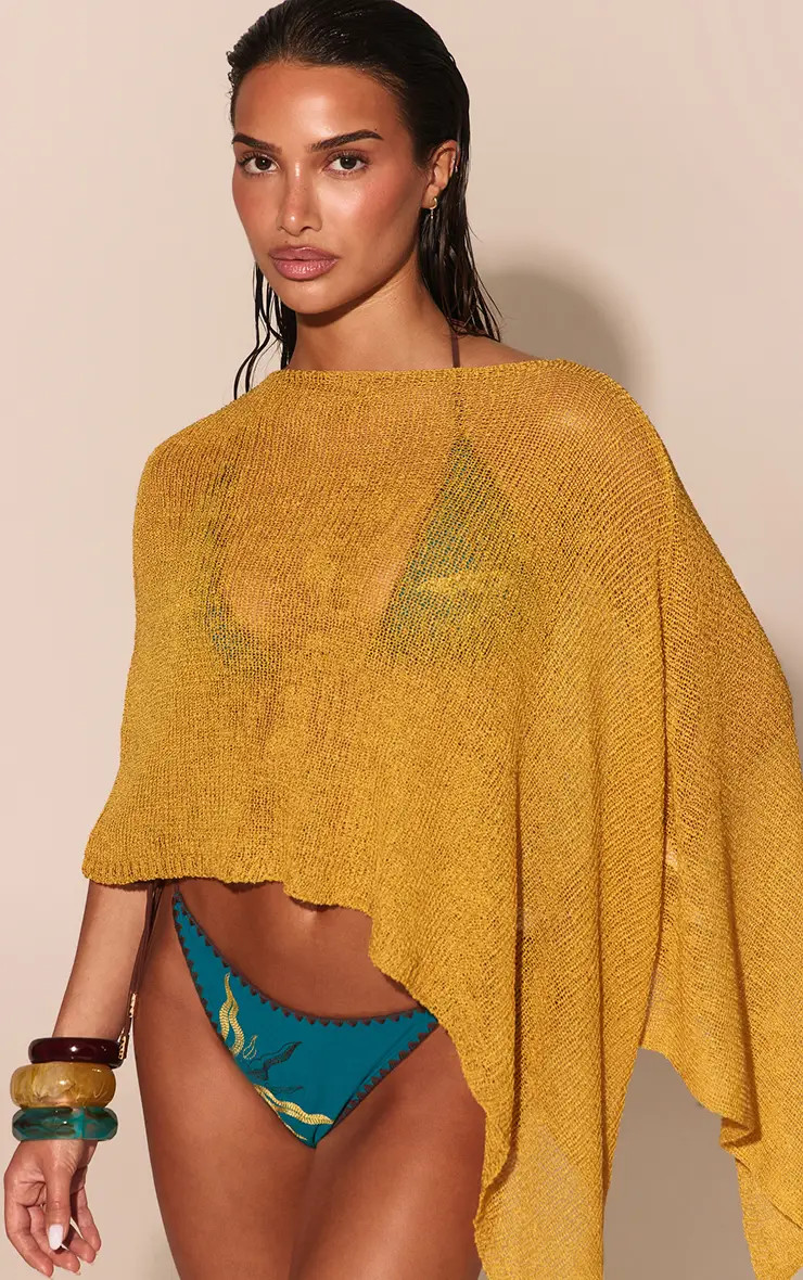 Mustard Filagree Knit Shawl Beach Top | PrettyLittleThing UK