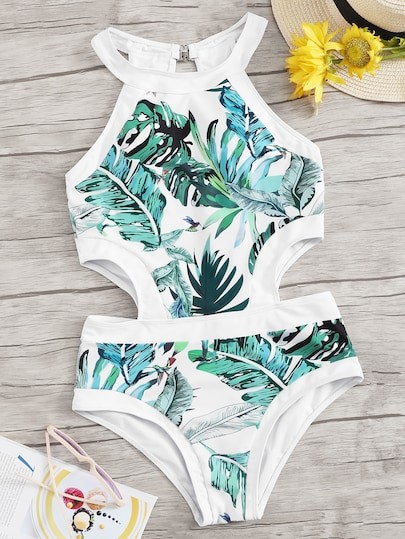 Random Jungle Leaf Cut-out Side One Piece Swimsuit | SHEIN