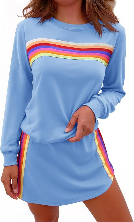 Yousify Womens 2 Piece Outfits Rainbow Striped Long Sleeve Sweatshirt Mini Skirts Sets Casual Loo... | Amazon (US)