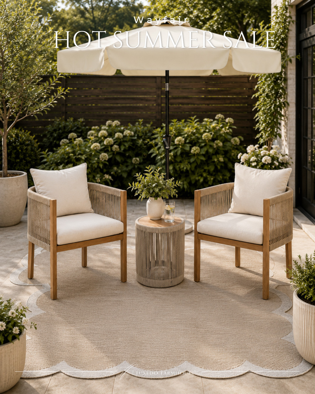 The Wayfair Hot Summer Sale is serving up some of my favorite outdoor finds! ☀️ This cozy patio setup combines a classic scalloped rug, beautiful rope-detail chairs, and a chic umbrella for a look that feels high-end without the designer price tag. If your outdoor space needs a refresh, now is the time to save on pieces you'll enjoy all season long.

Shop these sale favorites before the best deals disappear!

#LTKHome #LTKSaleAlert #LTKSeasonal #WayfairSale #Outdoo 

 #LTKSeasonal #LTKHome #LTKSaleAlert