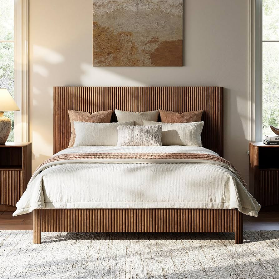 Evermagin Walnut Queen Bed Frame with Headboard, Mid Century Modern Fluted Platform Bed, Boho Woo... | Amazon (US)