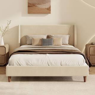 Finbar Beige Wood MDF Frame King Size Velvet Upholstered Platform Bed with Wingback Headboard, Wa... | The Home Depot