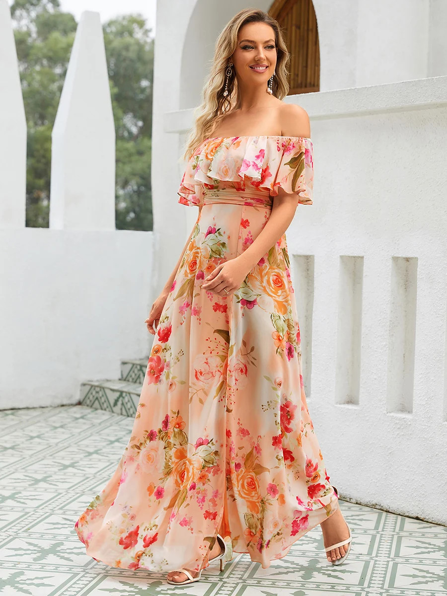 ever \u00c9MILE|Off the Shoulder Ruffle Bodice Long Flowy Chiffon Bridesmaid Dress | Ever Pretty Garment Inc