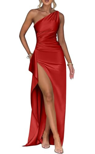 Memoriesea Women's Plus Size Satin Sexy One Shoulder High Split Cocktail Wedding Party Maxi Dress Red | Amazon (US)