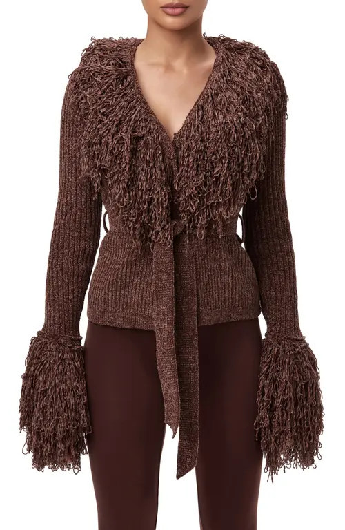 Naked Wardrobe Fringe Tie Waist Chenille Cardigan in Dark Chocolate at Nordstrom, Size Small | Nordstrom