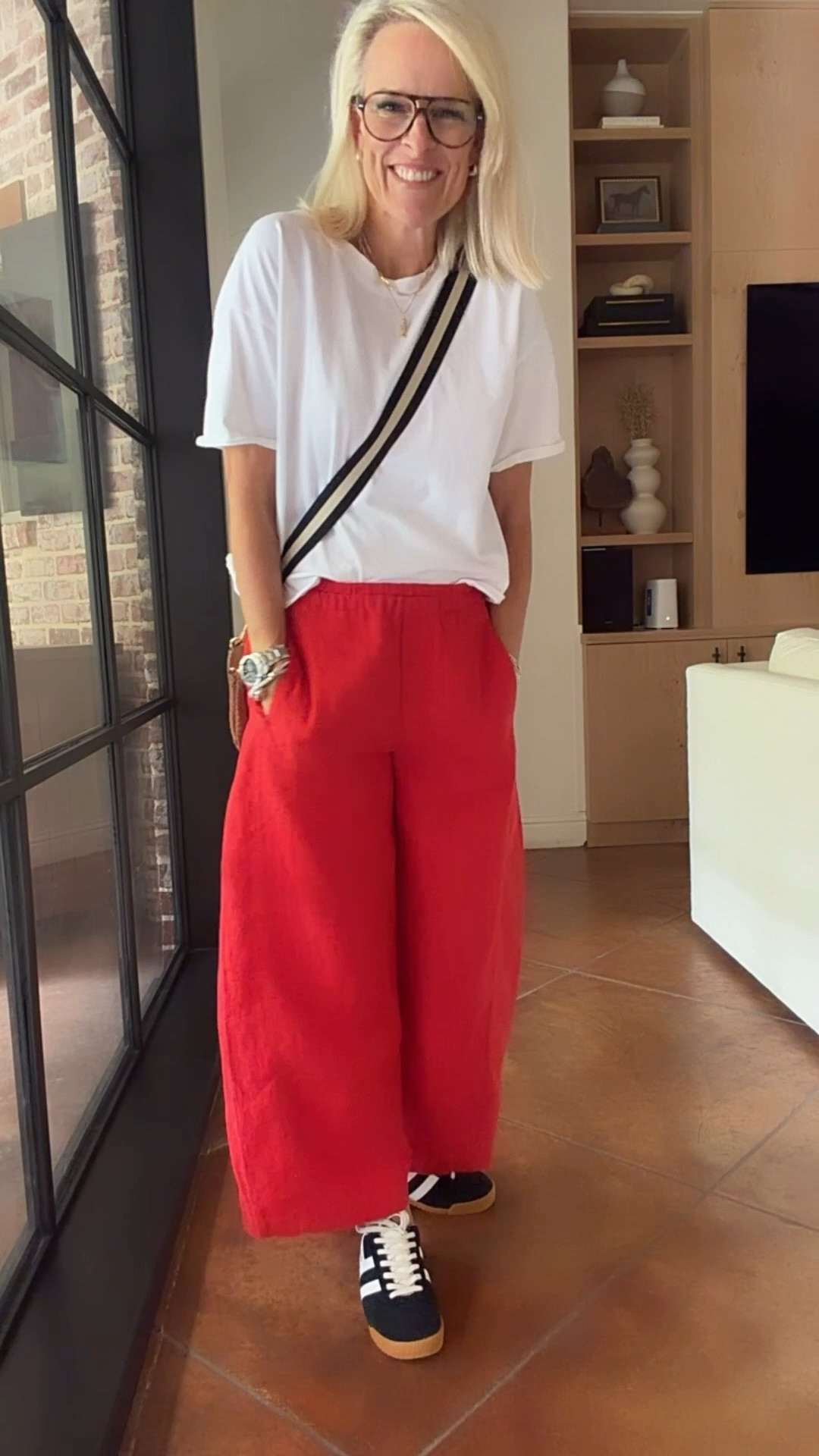 Adding a pop of color to my day! 
These linen pants are so good! I now have three colors and honestly, I want the fourth 
AND •• they come in regular, tall & petite 
I’m 5’6” and in regular 
TTS 
￼

#LTKOver40 #LTKgrwm #LTKootd