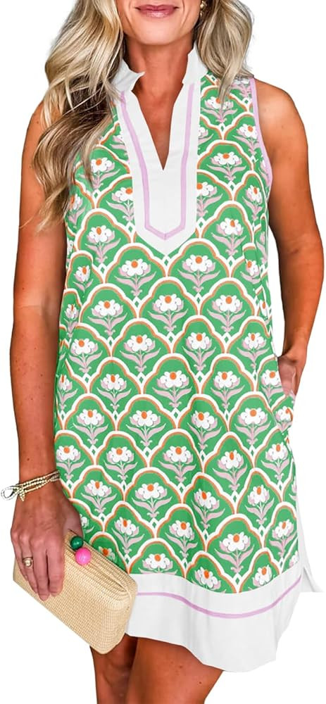 Cicy Bell Womens Summer Floral Print Mini Dress V Neck Sleeveless Color Block Boho Dresses Casual... | Amazon (US)