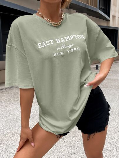 Drop Shoulder Letter Embroidery Top | SHEIN