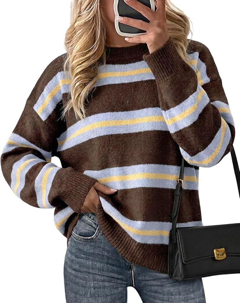 Cicy Bell Womens Striped Pullover Sweater Color Block Casual Loose Knit Top | Amazon (US)