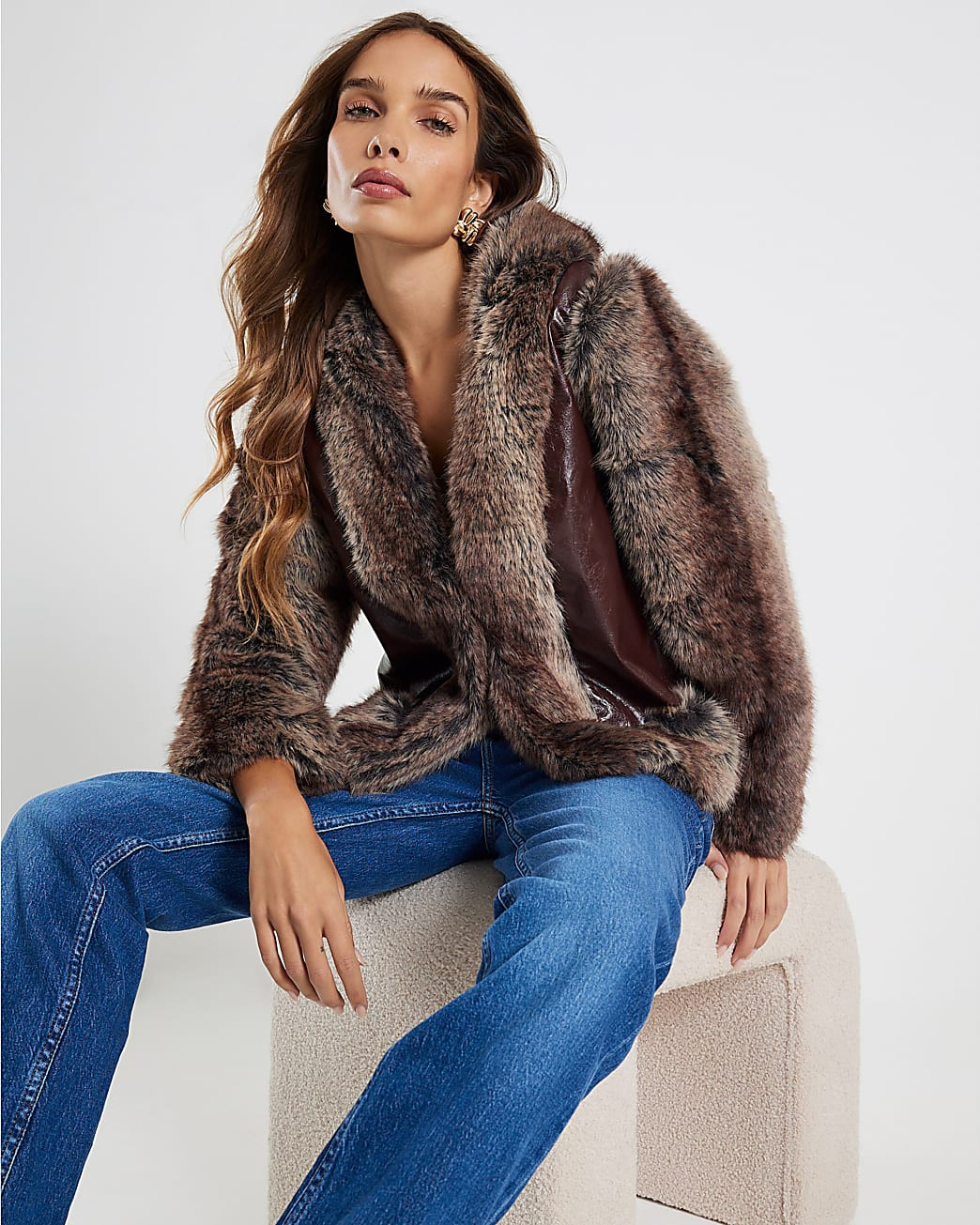 Brown Faux Fur Trim Panelled Jacket | River Island UK & IE