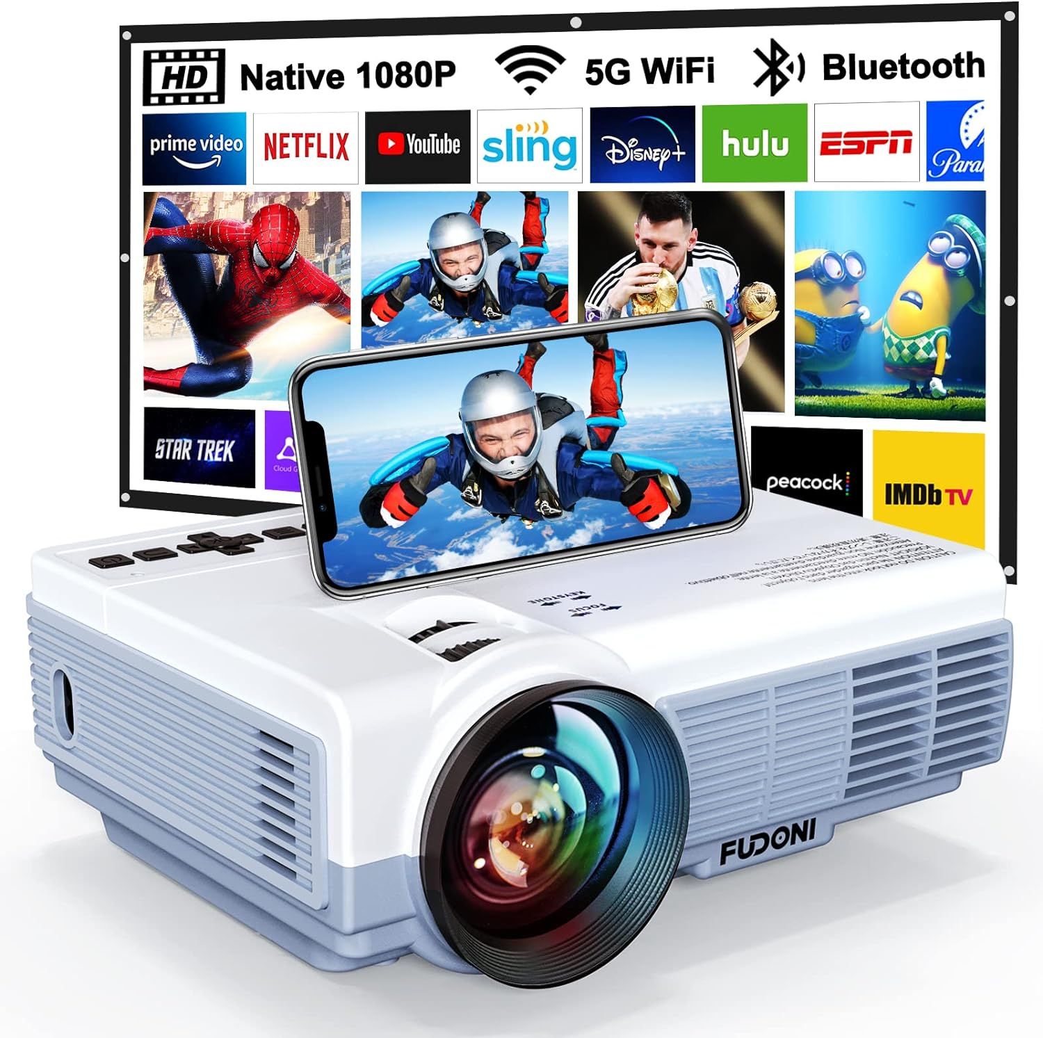 Projector with WiFi and Bluetooth, 5G WiFi Native 1080P 10000L 4K Supported, FUDONI Portable Outd... | Amazon (US)