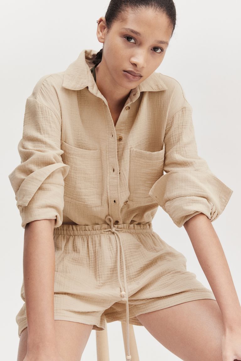 Cotton Shirt - Long sleeve - Regular length - Beige - Ladies | H&M US | H&M (US + CA)