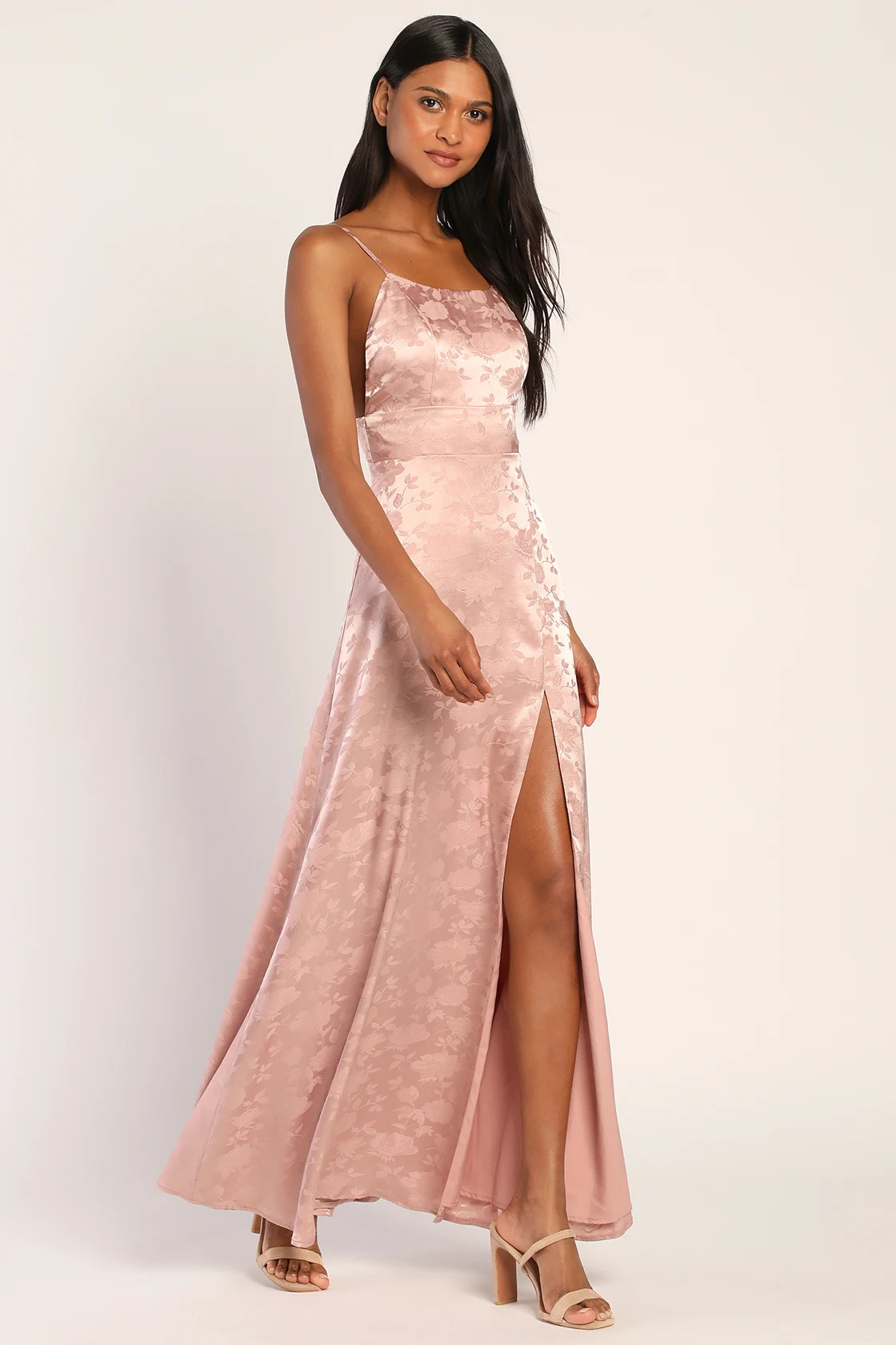 Radiate Beauty Dusty Pink Floral Jacquard Satin Slit Maxi Dress | Lulus (US)